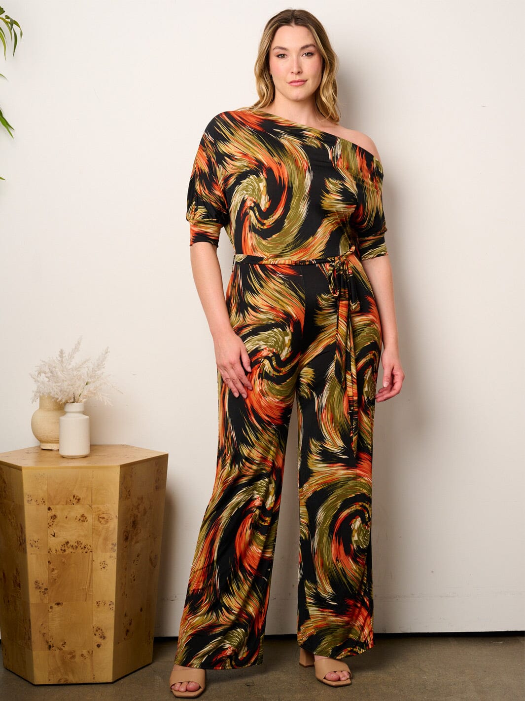 PLUS SIZE OFF SHOULDER SHORT SLEEVE SELF TIE MULTI PRINT WIDE LEG JUMPSUIT