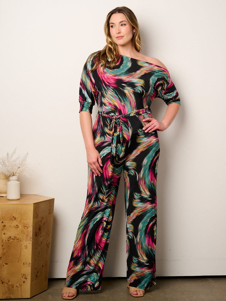 PLUS SIZE OFF SHOULDER SHORT SLEEVE SELF TIE MULTI PRINT WIDE LEG JUMPSUIT