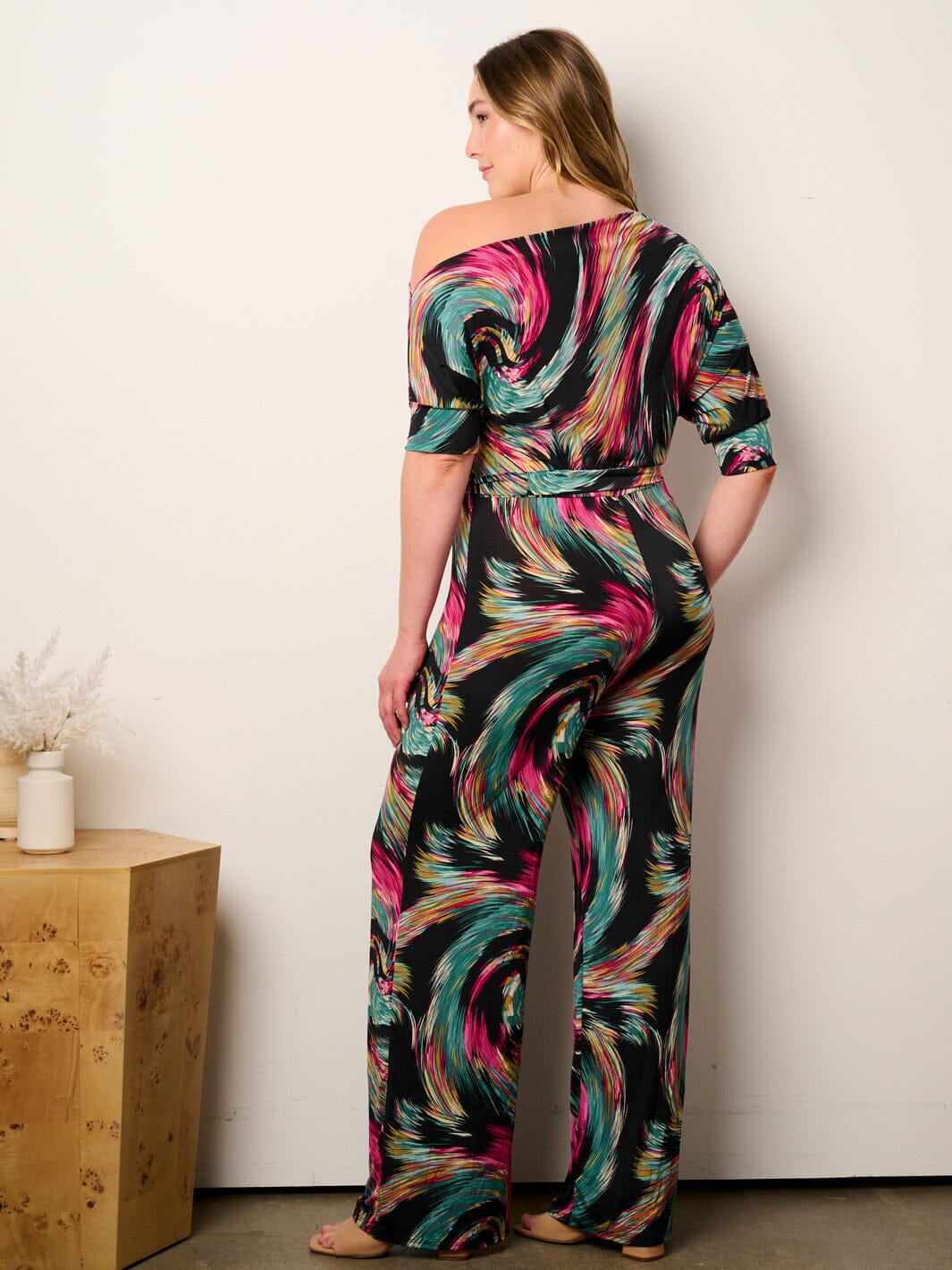 PLUS SIZE OFF SHOULDER SHORT SLEEVE SELF TIE MULTI PRINT WIDE LEG JUMPSUIT