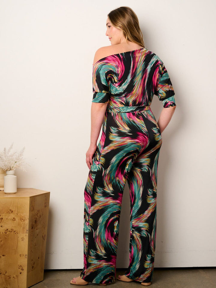 PLUS SIZE OFF SHOULDER SHORT SLEEVE SELF TIE MULTI PRINT WIDE LEG JUMPSUIT
