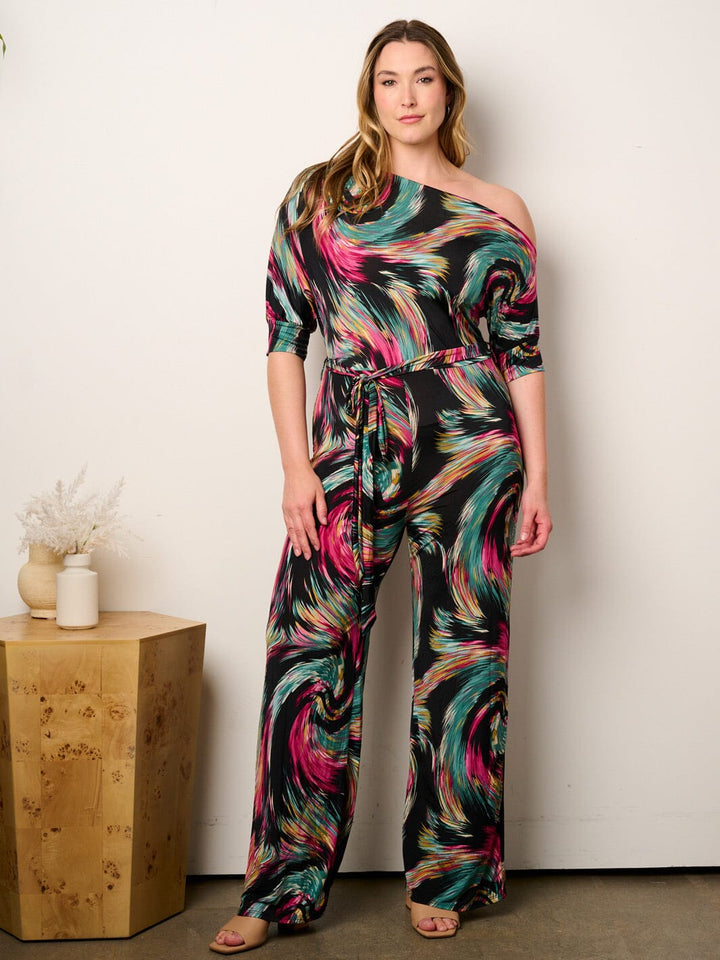 PLUS SIZE OFF SHOULDER SHORT SLEEVE SELF TIE MULTI PRINT WIDE LEG JUMPSUIT