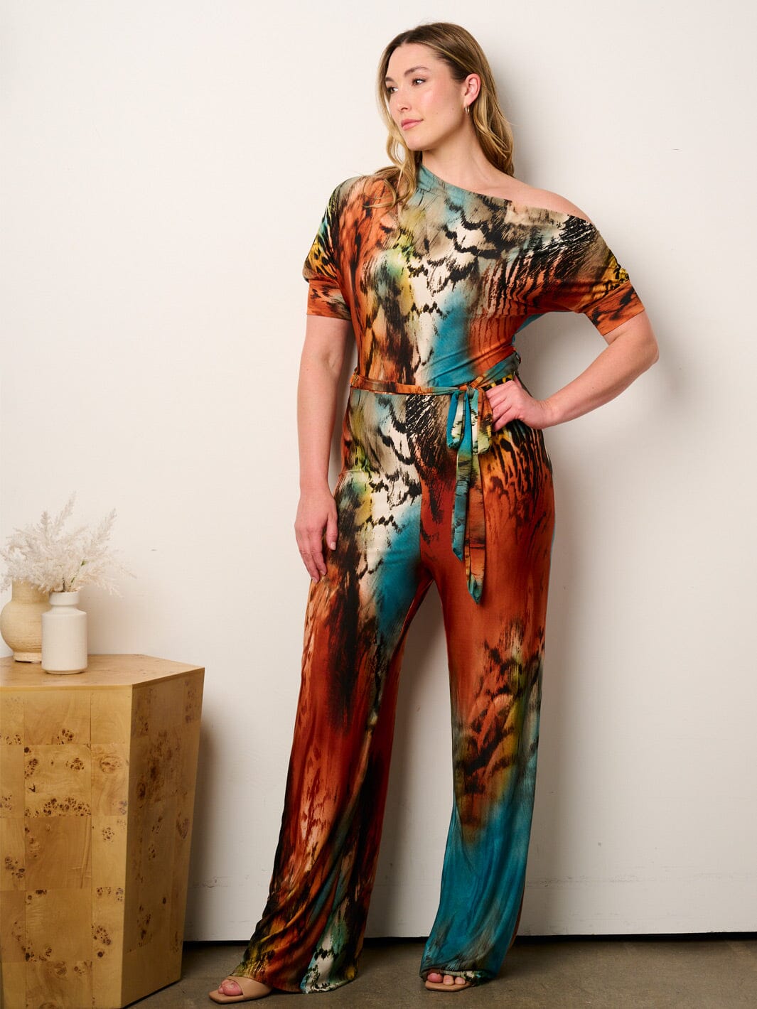 PLUS SIZE OFF SHOULDER SHORT SLEEVE SELF TIE MULTI PRINT WIDE LEG JUMPSUIT