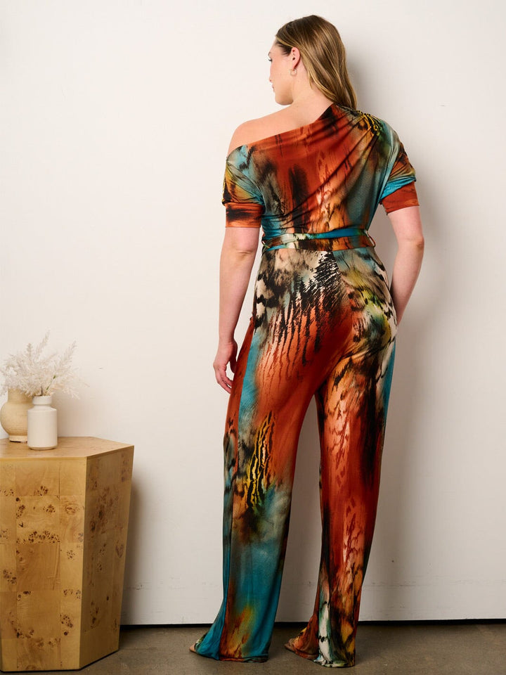 PLUS SIZE OFF SHOULDER SHORT SLEEVE SELF TIE MULTI PRINT WIDE LEG JUMPSUIT