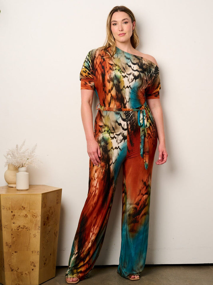 PLUS SIZE OFF SHOULDER SHORT SLEEVE SELF TIE MULTI PRINT WIDE LEG JUMPSUIT