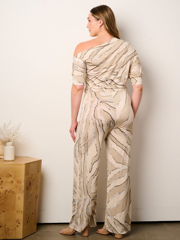 PLUS SIZE OFF SHOULDER SHORT SLEEVE SELF TIE MULTI PRINT WIDE LEG JUMPSUIT