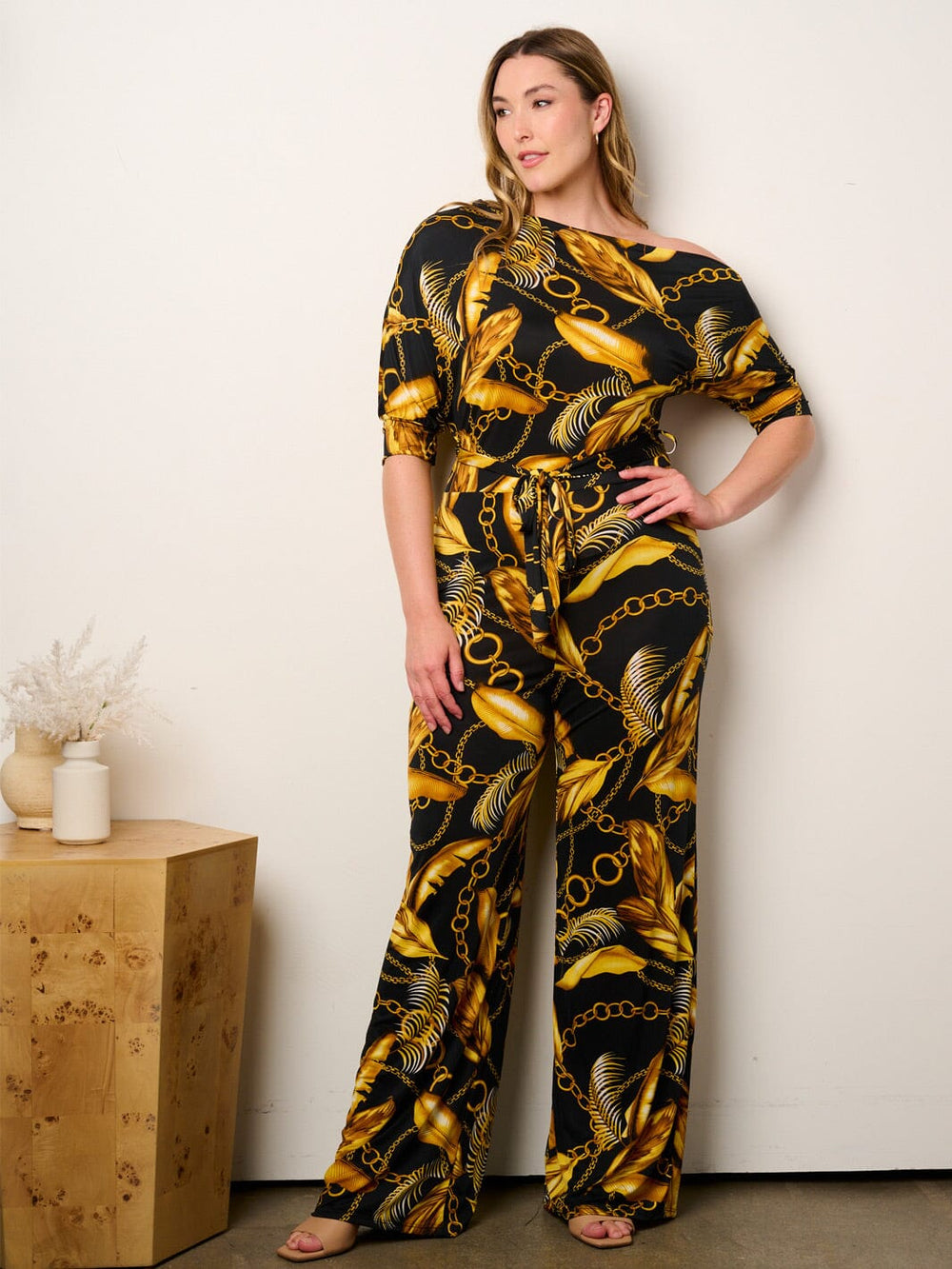 PLUS SIZE OFF SHOULDER SHORT SLEEVE SELF TIE MULTI PRINT WIDE LEG JUMPSUIT