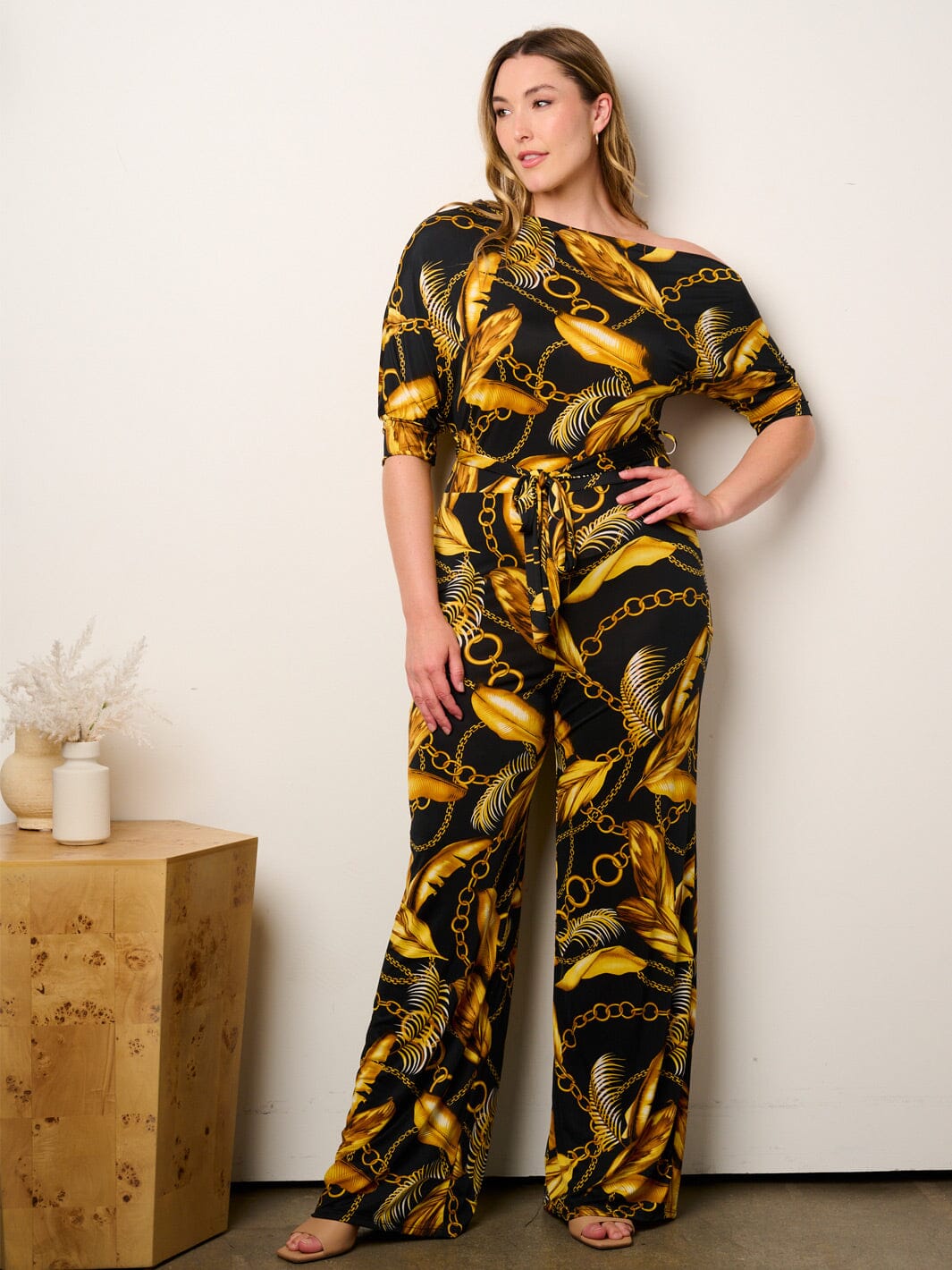 PLUS SIZE OFF SHOULDER SHORT SLEEVE SELF TIE MULTI PRINT WIDE LEG JUMPSUIT