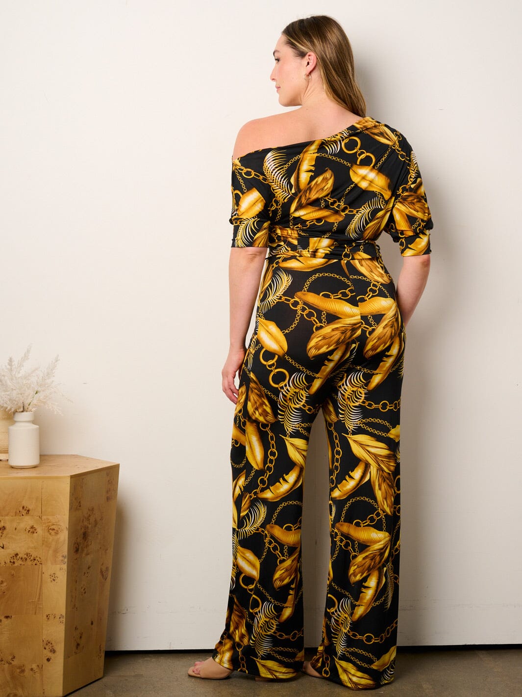 PLUS SIZE OFF SHOULDER SHORT SLEEVE SELF TIE MULTI PRINT WIDE LEG JUMPSUIT