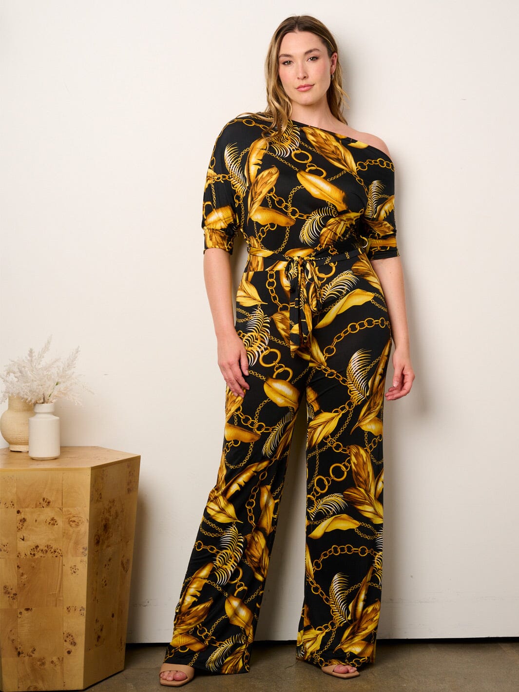 PLUS SIZE OFF SHOULDER SHORT SLEEVE SELF TIE MULTI PRINT WIDE LEG JUMPSUIT