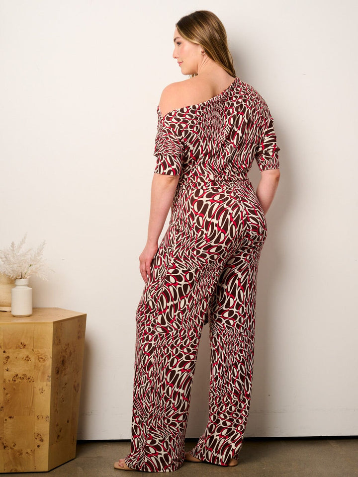 PLUS SIZE OFF SHOULDER SHORT SLEEVE SELF TIE MULTI PRINT WIDE LEG JUMPSUIT