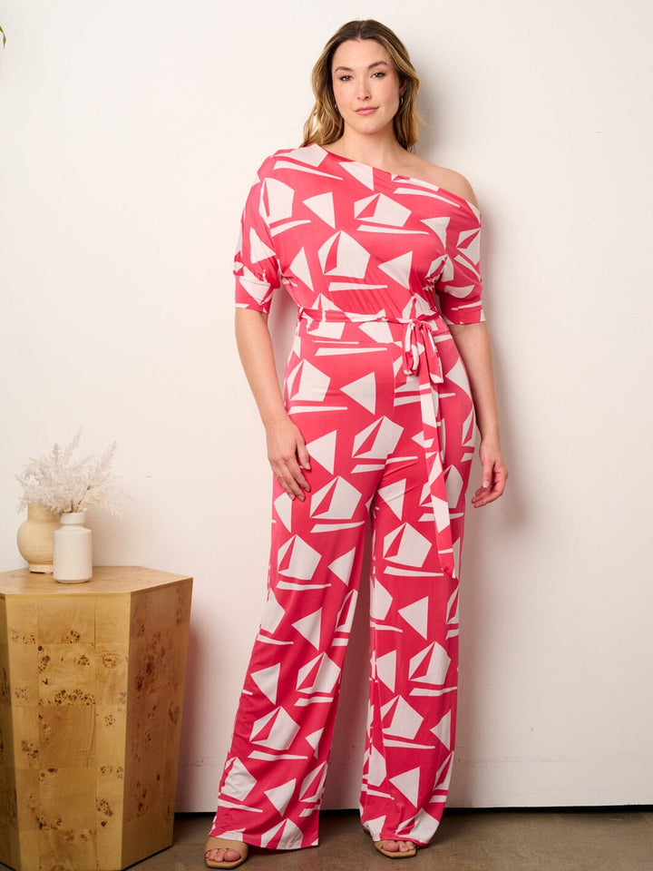 PLUS SIZE OFF SHOULDER SHORT SLEEVE SELF TIE MULTI PRINT WIDE LEG JUMPSUIT