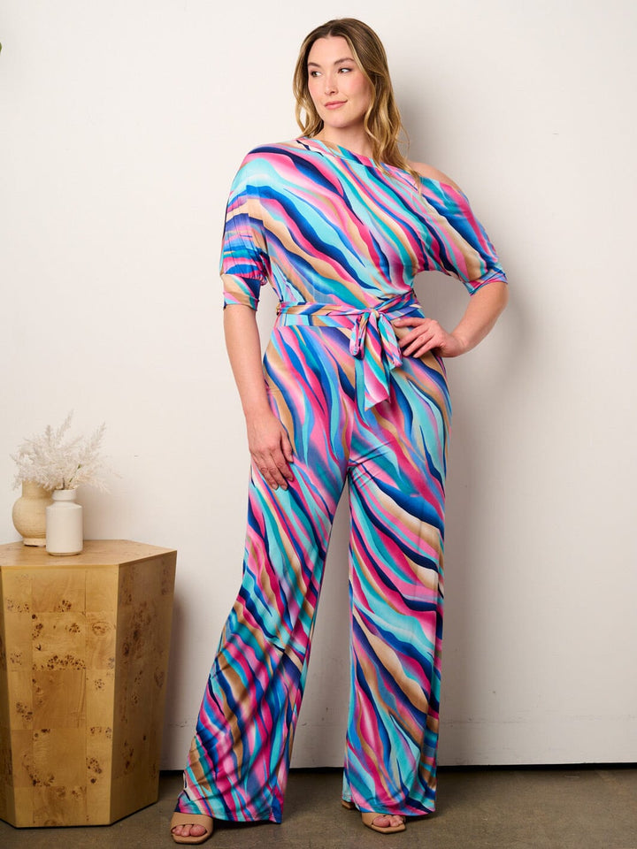 PLUS SIZE OFF SHOULDER SHORT SLEEVE SELF TIE MULTI PRINT WIDE LEG JUMPSUIT