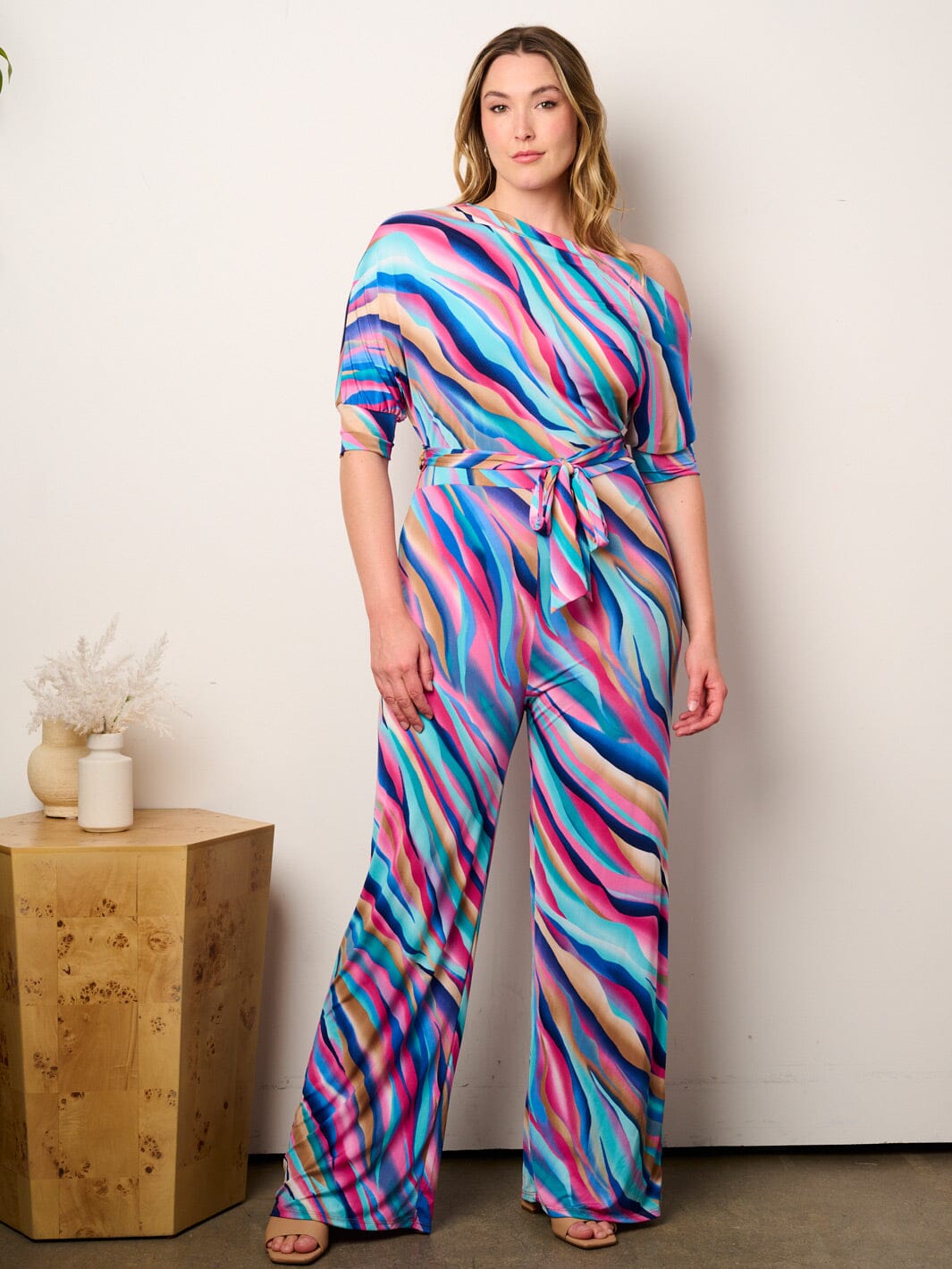 PLUS SIZE OFF SHOULDER SHORT SLEEVE SELF TIE MULTI PRINT WIDE LEG JUMPSUIT