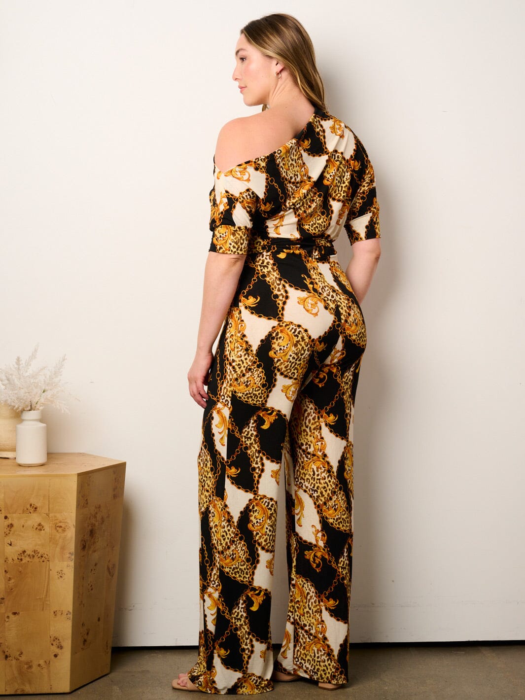 PLUS SIZE OFF SHOULDER SHORT SLEEVE SELF TIE ANIMAL PRINT WIDE LEG JUMPSUIT