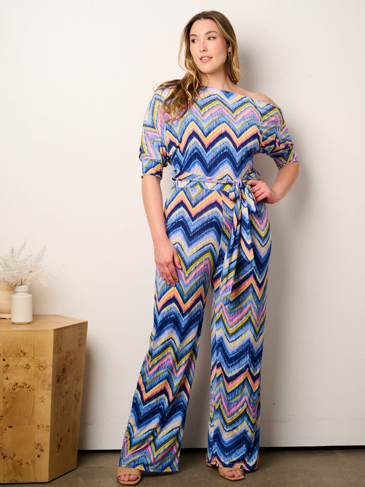 PLUS SIZE OFF SHOULDER SHORT SLEEVE SELF TIE MULTI PRINT WIDE LEG JUMPSUIT