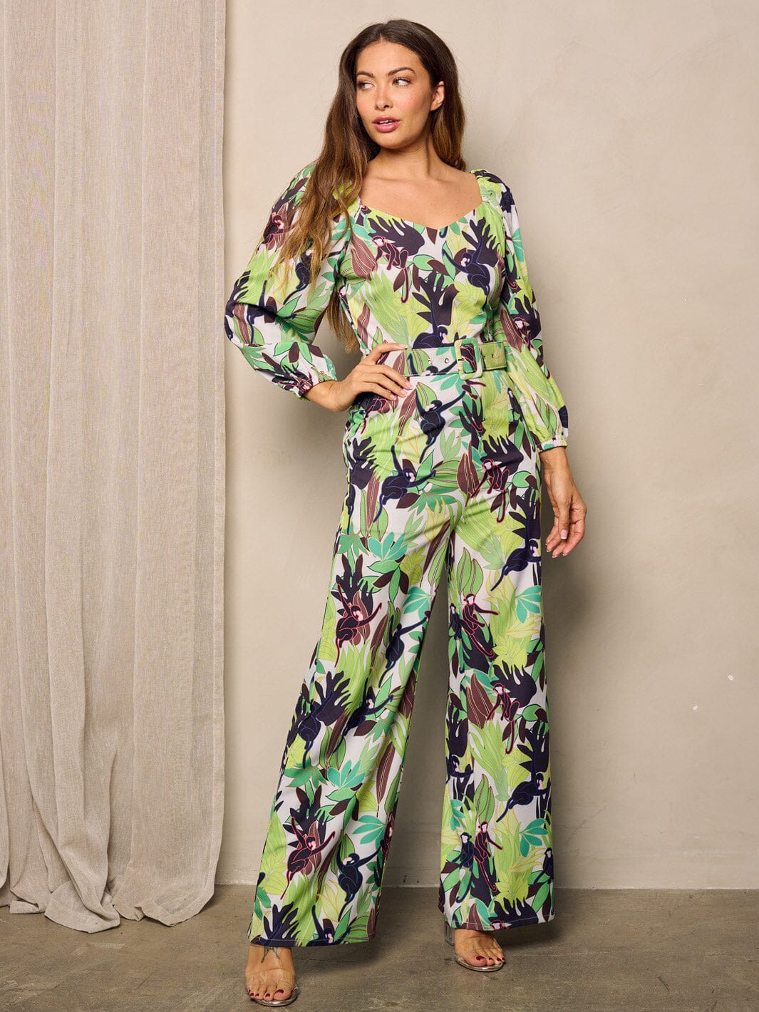 WOMEN'S LONG SLEEVE V-NECK LEAF PRINT BELTED JUMPSUIT