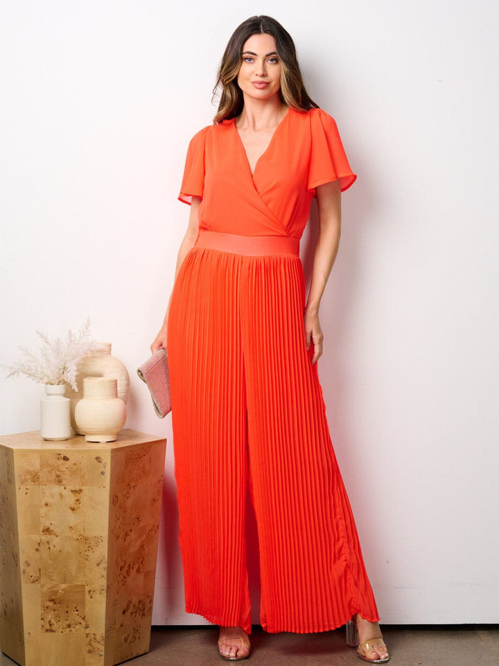 WOMEN'S SHORT SLEEVE SURPLICE PLEATED WIDE LEG JUMPSUIT