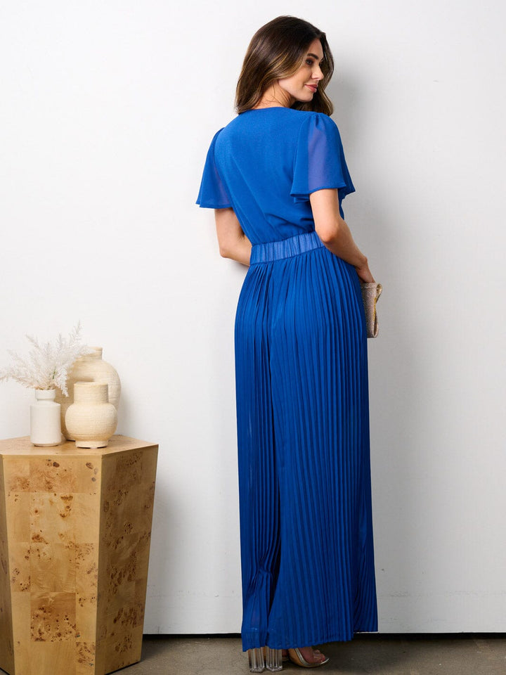 WOMEN'S SHORT SLEEVE SURPLICE PLEATED WIDE LEG JUMPSUIT