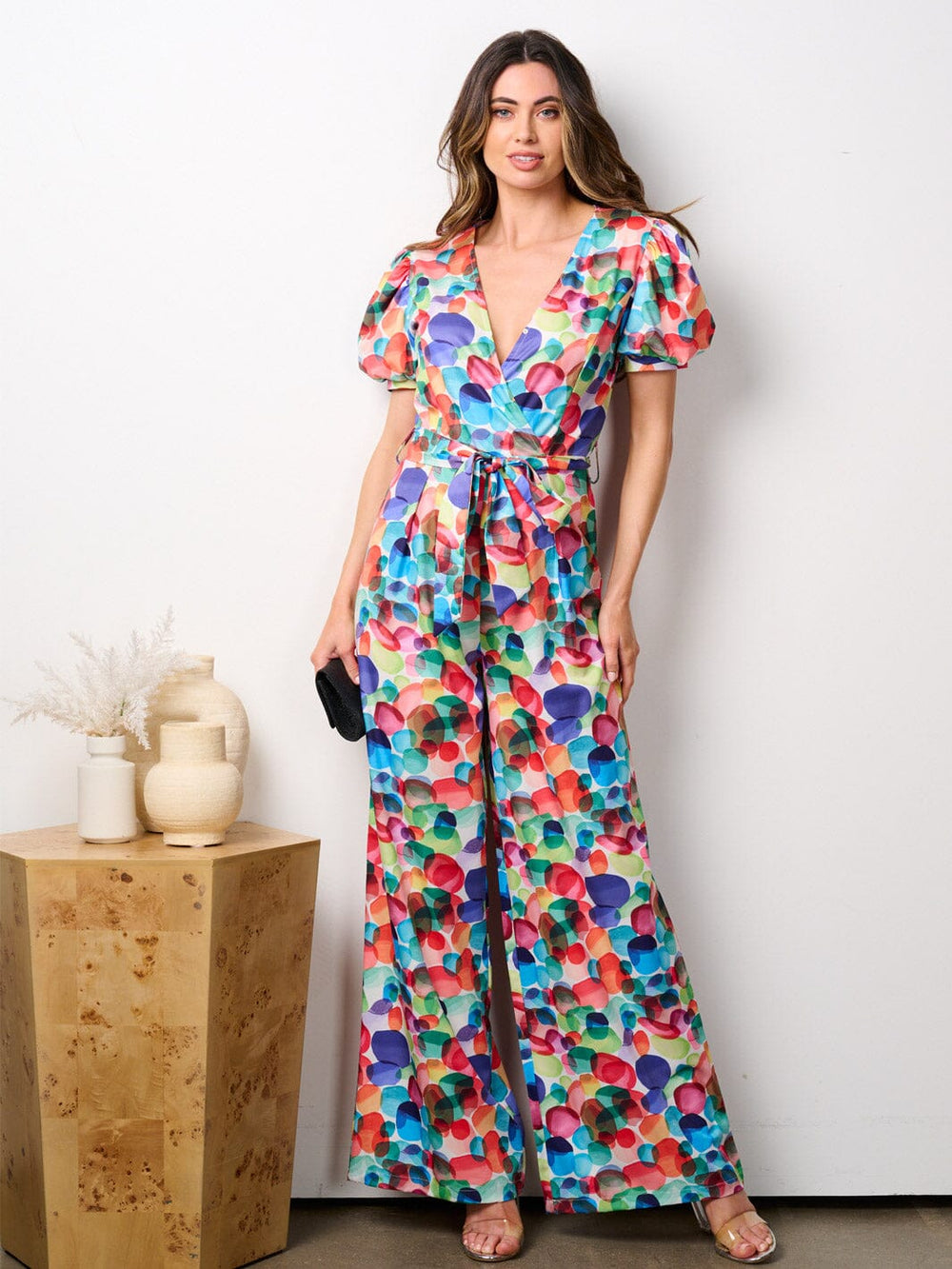 WOMEN'S SHORT SLEEVE SURPLICE MULTI WIDE LEG JUMPSUIT