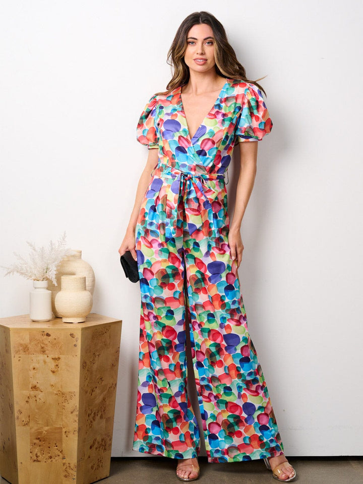 WOMEN'S SHORT SLEEVE SURPLICE MULTI WIDE LEG JUMPSUIT