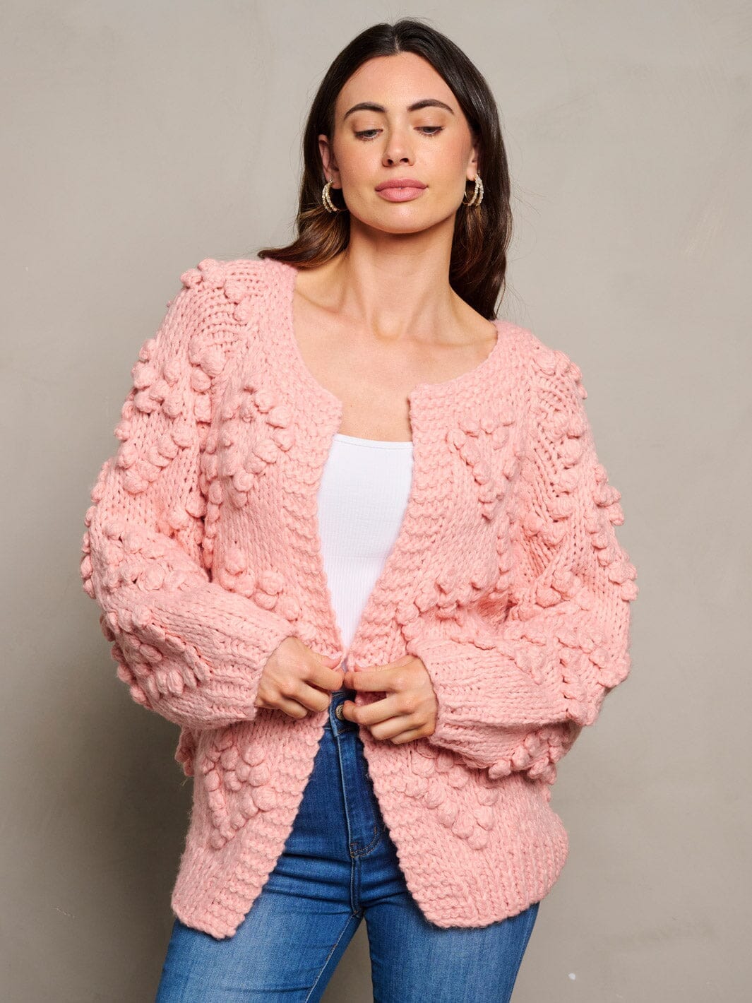 WOMEN'S LONG SLEEVE OPEN FRONT POM POM DETAILED CARDIGAN