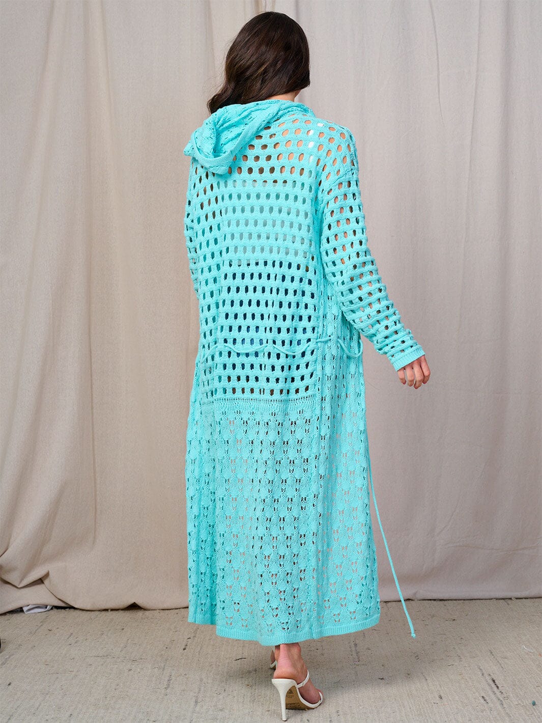 WOMEN'S LONG SLEEVE OPEN FRONT SELF TIE HOODED KNIT CARDIGAN