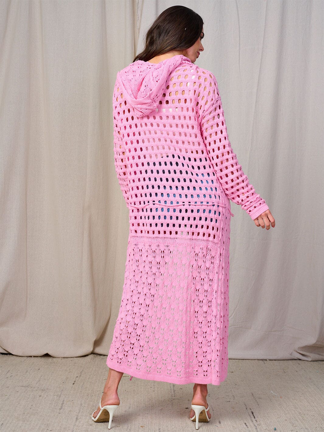 WOMEN'S LONG SLEEVE OPEN FRONT SELF TIE HOODED KNIT CARDIGAN