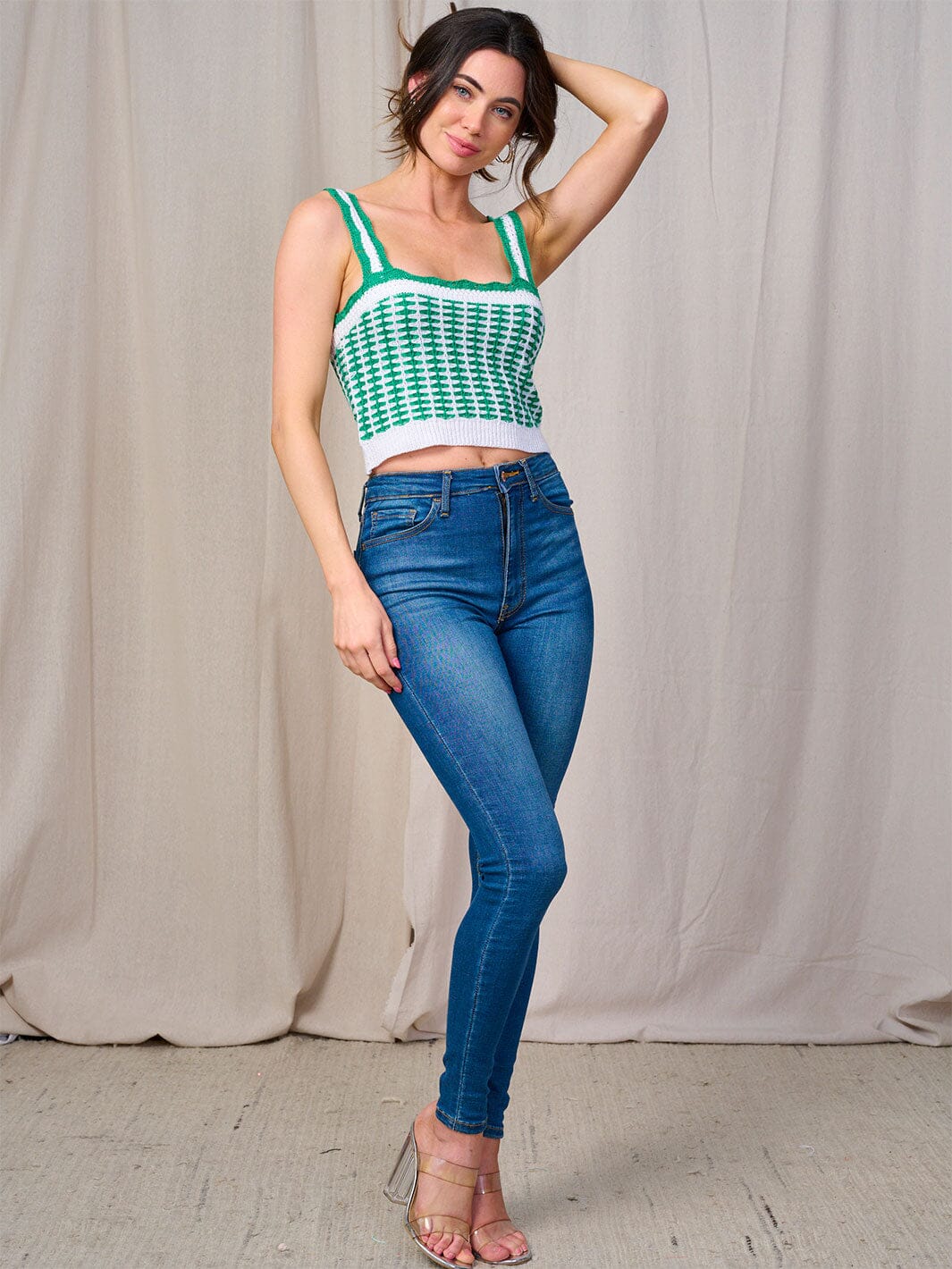 WOMEN'S SLEEVELESS COLORBLOCK CROCHET TANK TOP