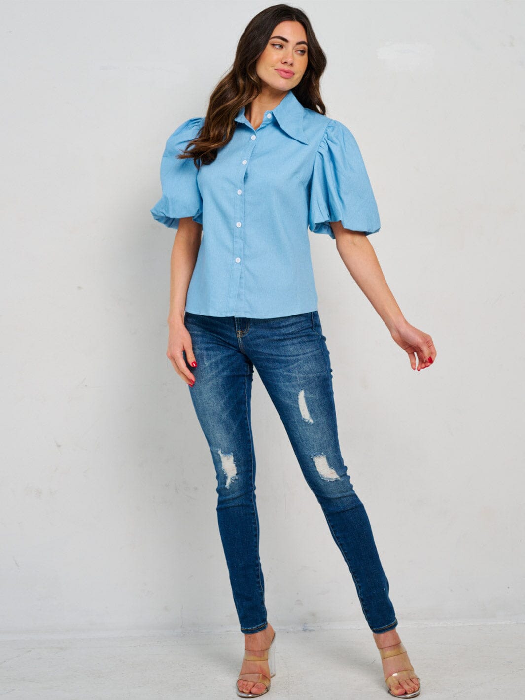 WOMEN'S SHORT PUFF SLEEVES BUTTON UP DENIM BLOUSE