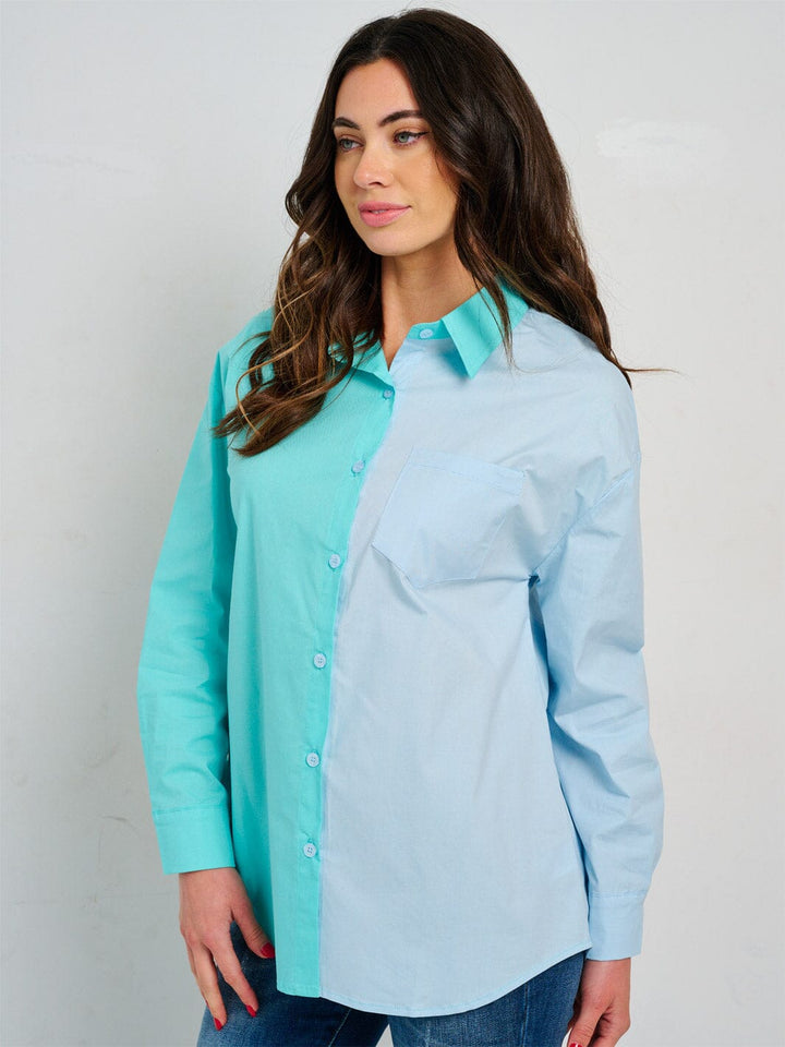 WOMEN'S LONG SLEEVES BUTTON UP COLORBLOCK SHIRT