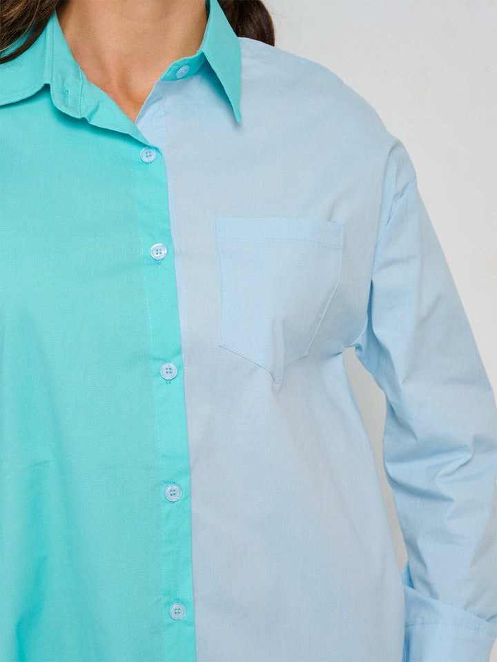 WOMEN'S LONG SLEEVES BUTTON UP COLORBLOCK SHIRT