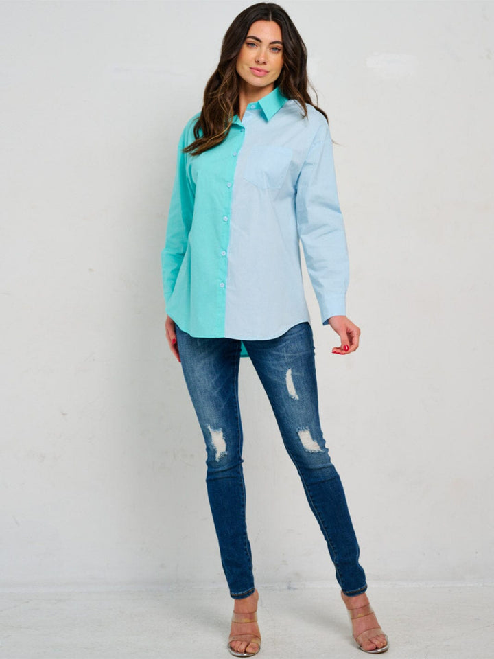 WOMEN'S LONG SLEEVES BUTTON UP COLORBLOCK SHIRT