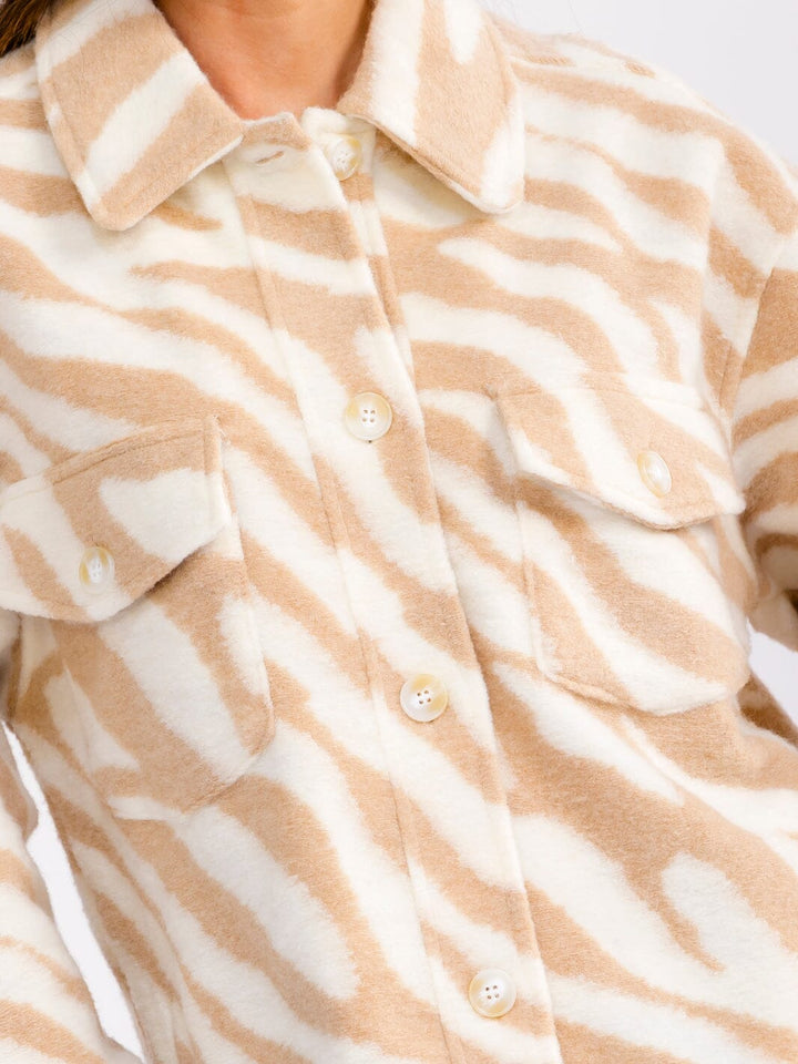 WOMEN'S LONG SLEEVE BUTTON CLOSURE FRONT POCKETS ZEBRA PRINT COAT