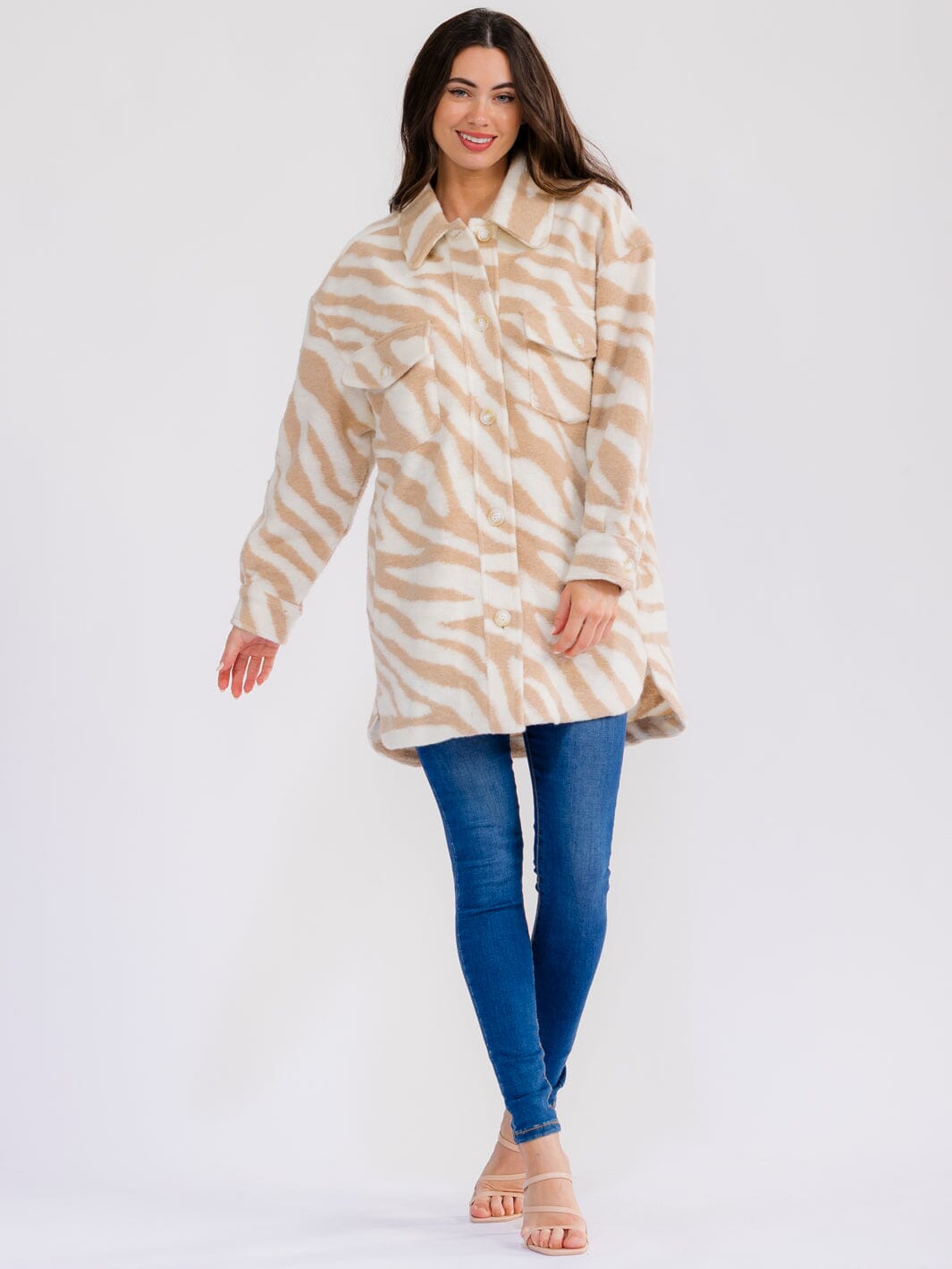 WOMEN'S LONG SLEEVE BUTTON CLOSURE FRONT POCKETS ZEBRA PRINT COAT