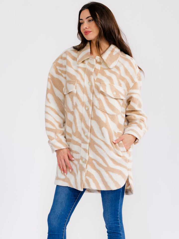 WOMEN'S LONG SLEEVE BUTTON CLOSURE FRONT POCKETS ZEBRA PRINT COAT