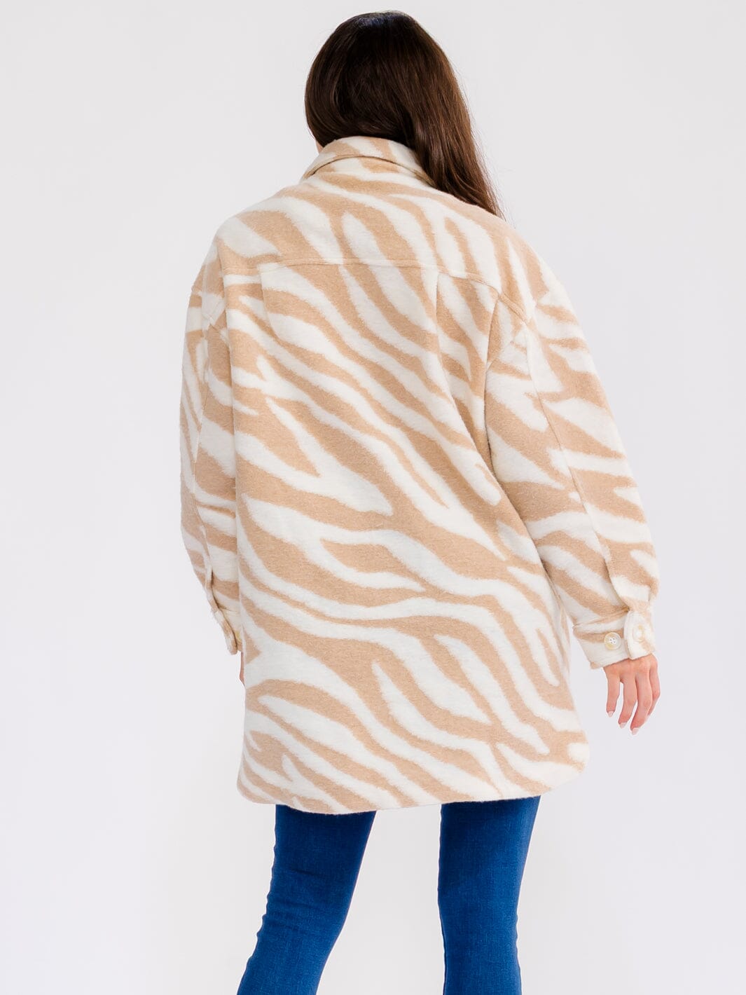 WOMEN'S LONG SLEEVE BUTTON CLOSURE FRONT POCKETS ZEBRA PRINT COAT
