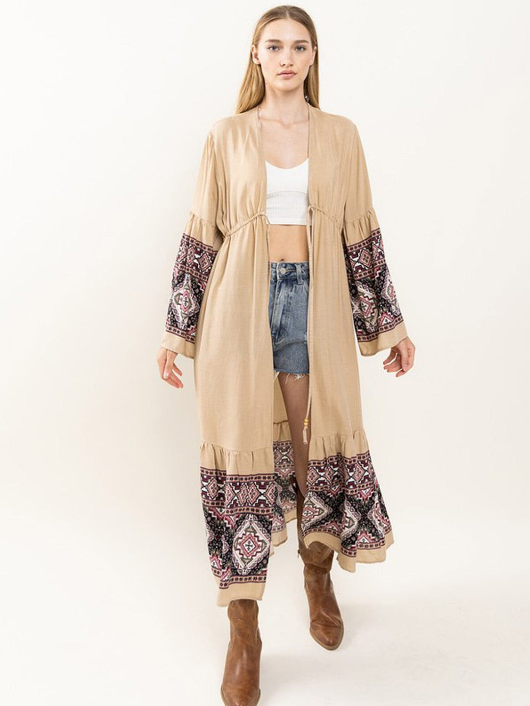 WOMEN'S LONG SLEEVE OPEN FRONT MULTI PRINT KIMONO