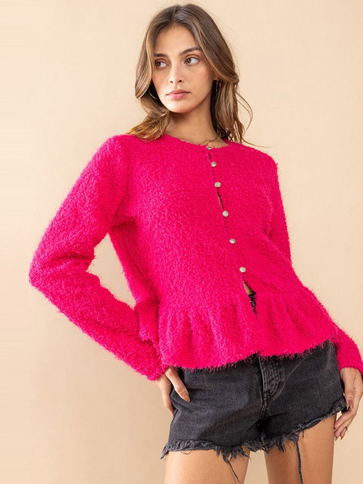 WOMEN'S LONG SLEEVE BUTTON UP FUZZY PEPLUM BLOUSE TOP