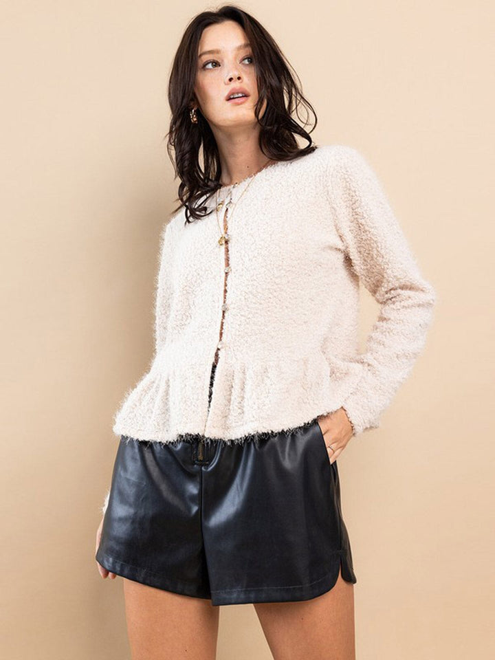 WOMEN'S LONG SLEEVE BUTTON UP FUZZY PEPLUM BLOUSE TOP