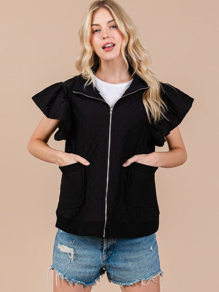 WOMEN'S RUFFLE SLEEVE ZIP UP FRONT POCKETS PADDED VEST