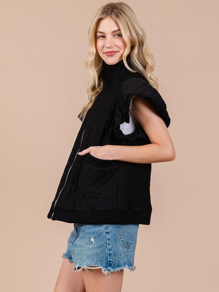 WOMEN'S RUFFLE SLEEVE ZIP UP FRONT POCKETS PADDED VEST