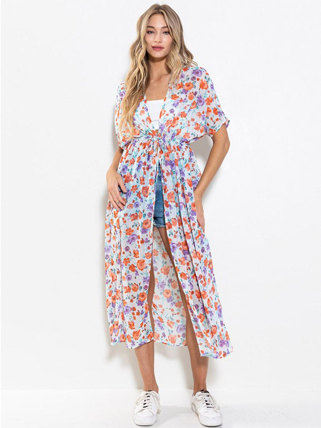 WOMEN'S SHORT SLEEVE ELASTIC WAIST FLORAL KIMONO