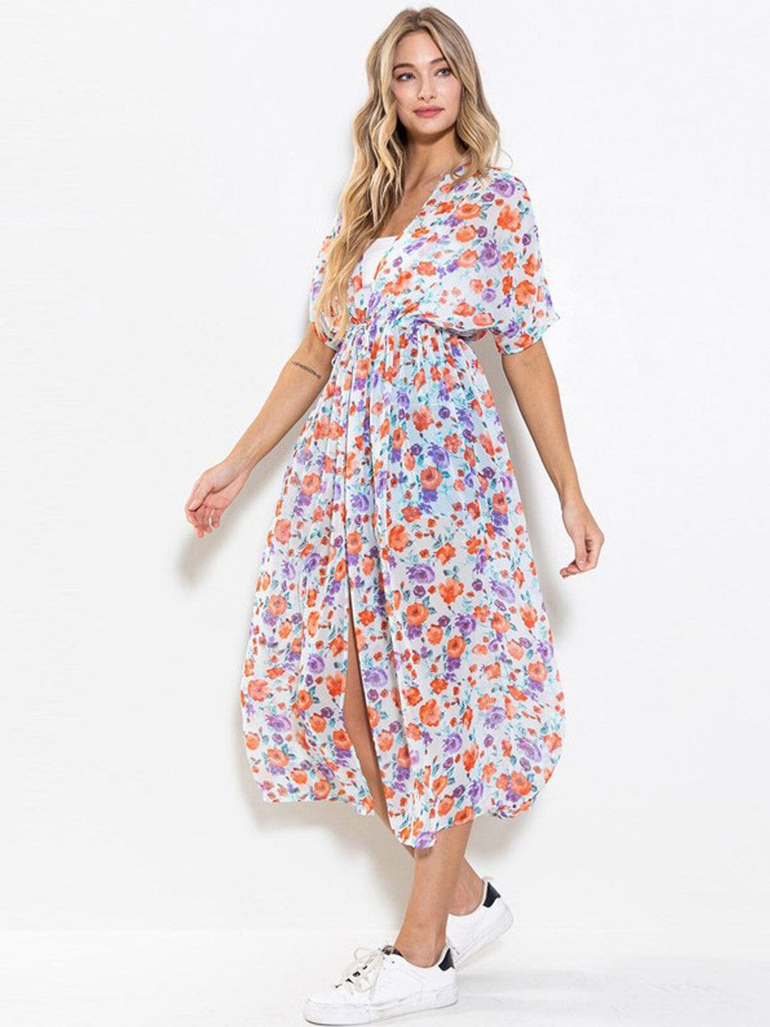 WOMEN'S SHORT SLEEVE ELASTIC WAIST FLORAL KIMONO