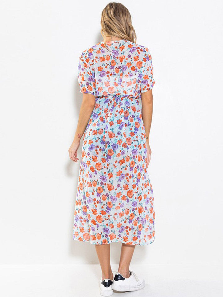 WOMEN'S SHORT SLEEVE ELASTIC WAIST FLORAL KIMONO
