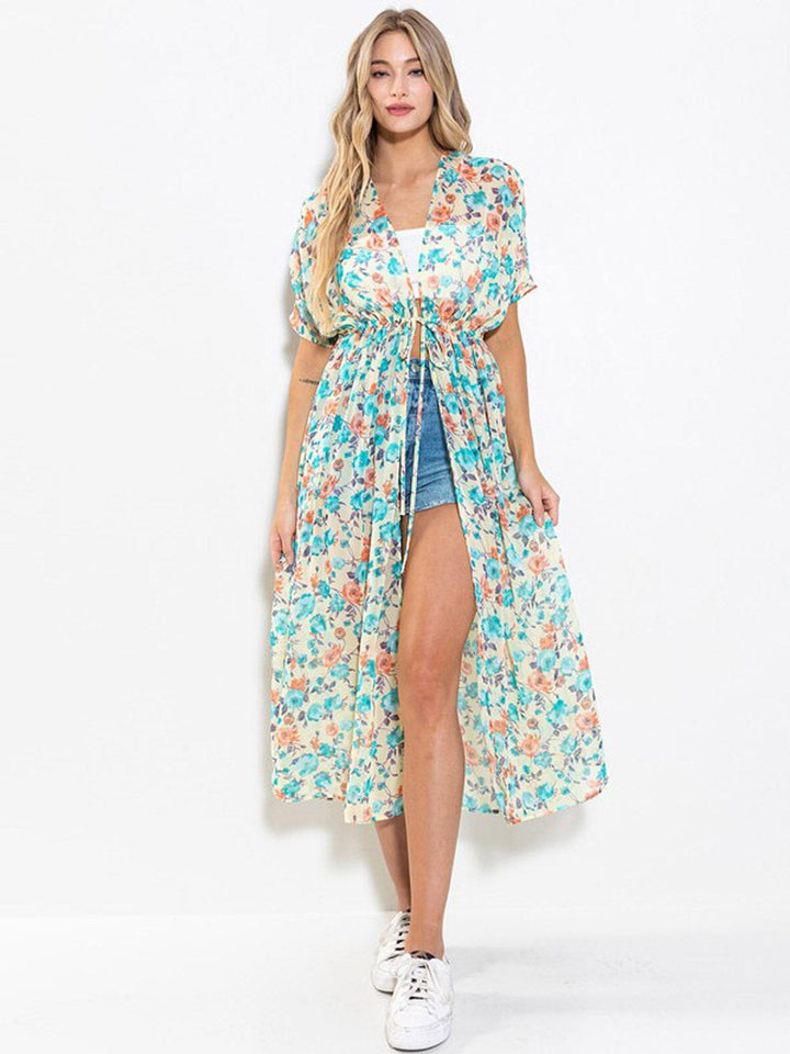 WOMEN'S SHORT SLEEVE ELASTIC WAIST FLORAL KIMONO