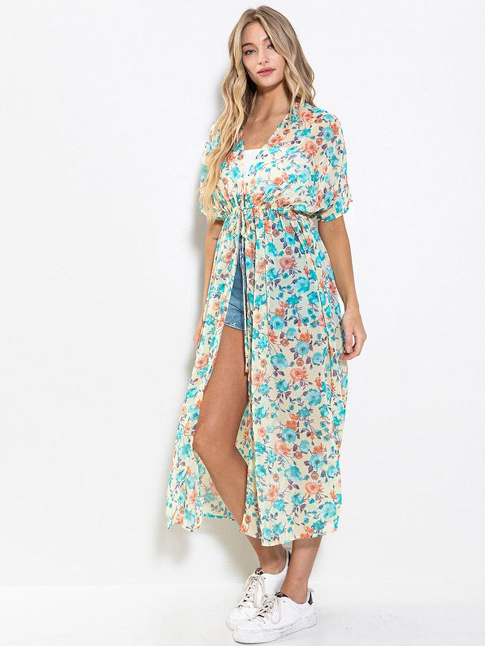 WOMEN'S SHORT SLEEVE ELASTIC WAIST FLORAL KIMONO