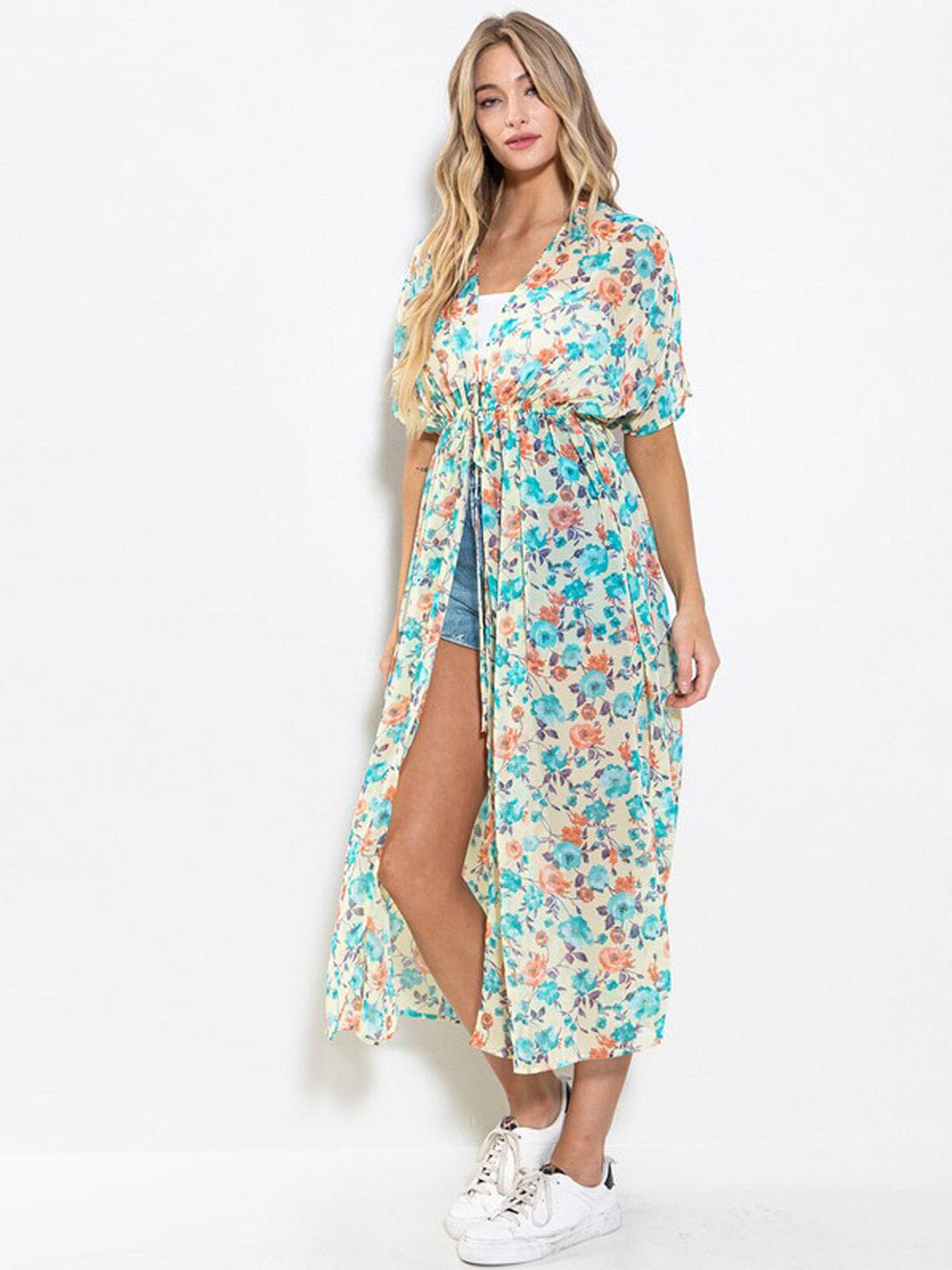 WOMEN'S SHORT SLEEVE ELASTIC WAIST FLORAL KIMONO