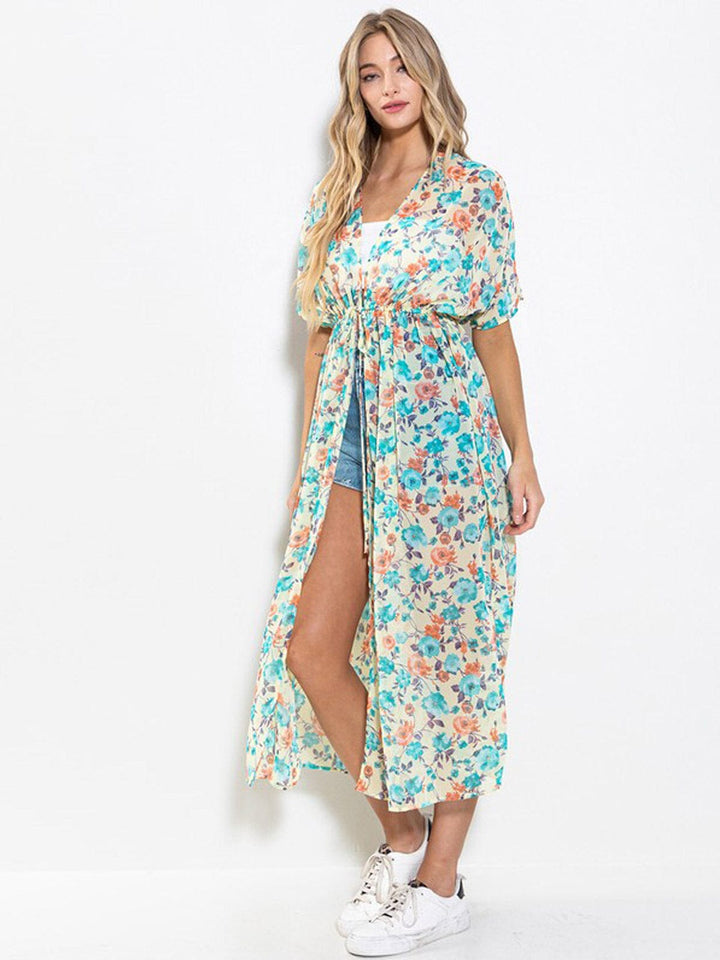 WOMEN'S SHORT SLEEVE ELASTIC WAIST FLORAL KIMONO