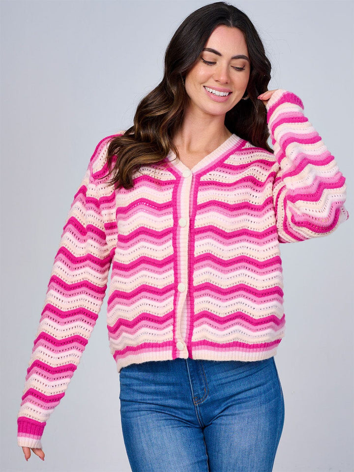 WOMEN'S LONG SLEEVE BUTTON CLOSURE COLORBLOCK STRIPES KNIT SWEATER