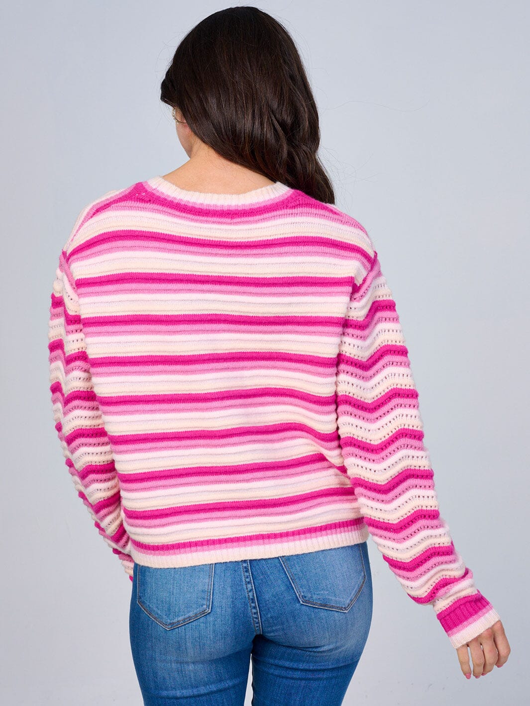 WOMEN'S LONG SLEEVE BUTTON CLOSURE COLORBLOCK STRIPES KNIT SWEATER